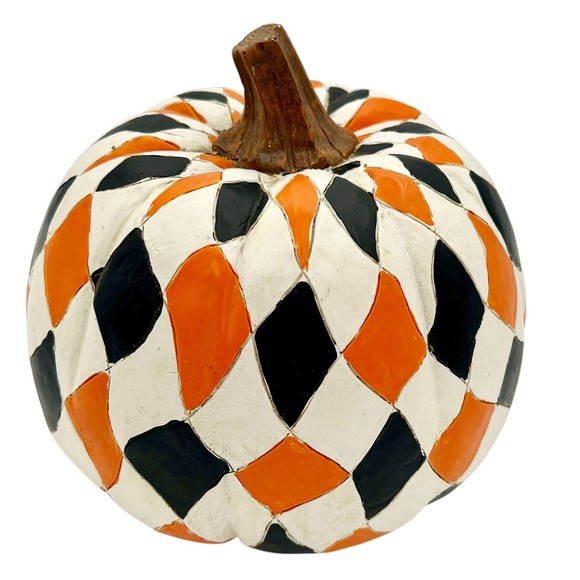 The Unbranded Brand Other - Vintage Black Orange White Hand Painted Harlequin Halloween Pumpkin Decor Fall